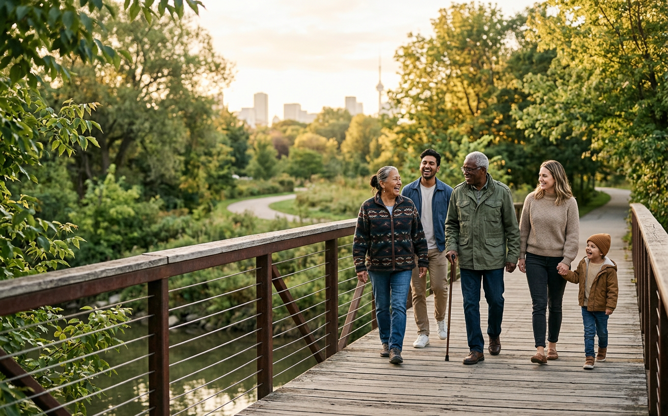 Neighbors walking together across a bridge in a community park
